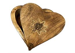 Holzdose Herzförmig mit Edelweiss, 13 cm