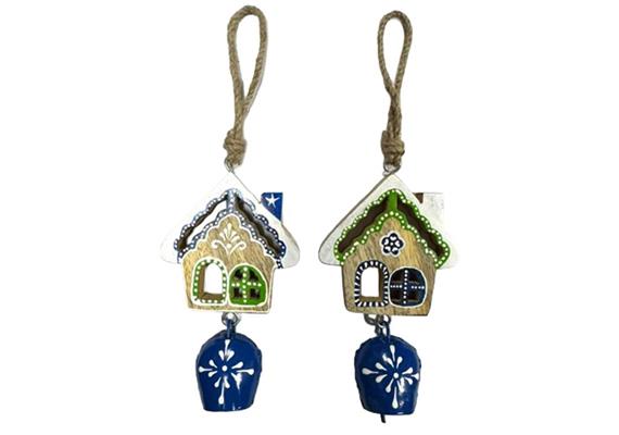 Holzhaus blau-weiss mit Muster, 12 cm, 2 assortiert