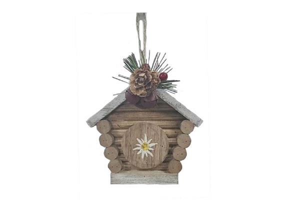 Holzhütte mit Edelweiss als Winterdekoration zum Aufhängen