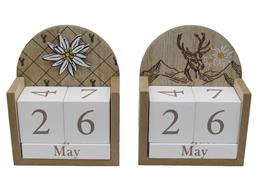 Holzkalender mit Hirsch und Edelweiss, 2 ass.