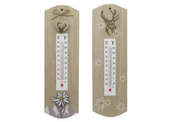 Holzthermometer mit Hirsch und Edelweiss, 25 cm, 2 assoriert