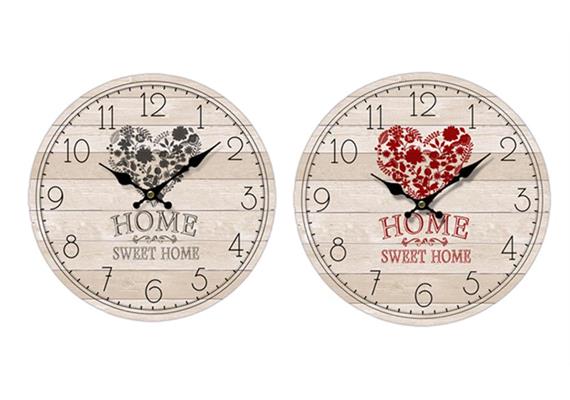 Holzuhr rund mit Herz "HOME SWEET HOME", 2 assortiert