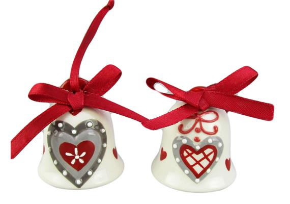 Keramik Glocke mit Herz, zum aufhängen, 2 assortiert, 4cm