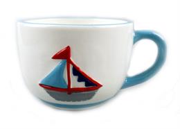 Keramik Tasse, weiss/blau mit Boot