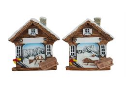 Magnet Berghütte Wintermotiv mit Schlitten 2 ass.
