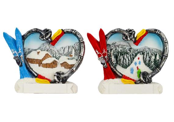 Magnet Herzförmig mit Ski und Berglandschaft 5.5x6cm, 2 assortiert