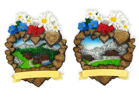 Magnet Herzholz mit Landschaft und Blumen, 2 assortiert