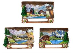 Magnet Holz Bilder mit Steinbock, Eule, Berge, See, 3 assortiert