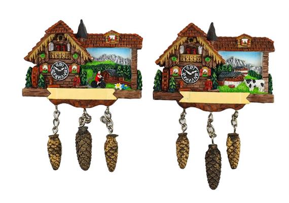 Magnet Kuckucksuhr mit Velofahrer und Kuh, 11.5x7cm, 2 assortiert