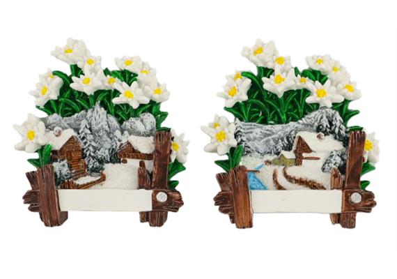 Magnet mit Schnee und Edelweiss, 6x7cm, 2 assortiert