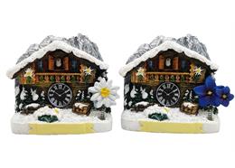 Magnet Winter Almhütte mit Enzian und Uhr, 2 assortiert