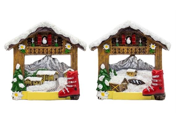 Magnet Winter Almhütte mit rotem Skischuh, 2 assortiert