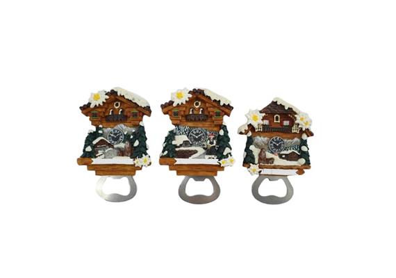 Magnet Winter Chalet mit Flaschenöffner, 3 assortiert