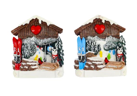 Magnet Winter Hütte mit Husky, Schlitten und Ski, 2 assortiert