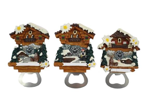 Magnet Winter Kuckucksuhr mit Flaschenöffner, 3 assortiert