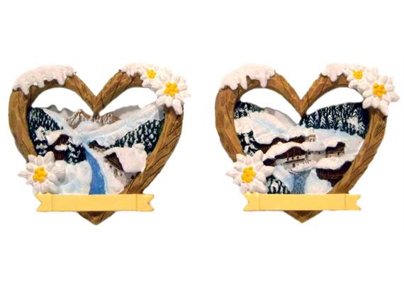 Magnet Winterlandschaft Holzherz mit Edelweiss, 2 assortiert