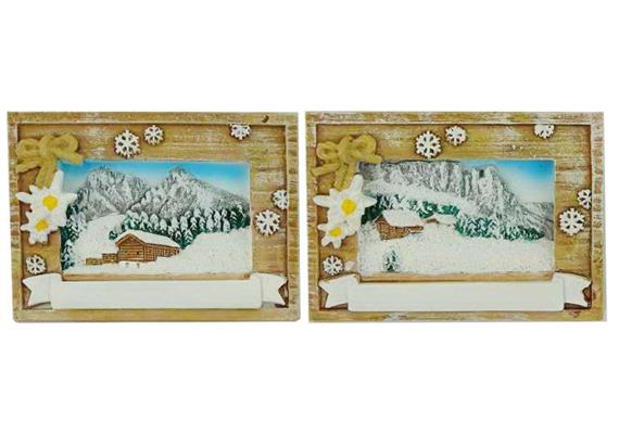 Magnet Winterlandschaft in Holz Rahmen mit Edelweiss, 2 assortiert