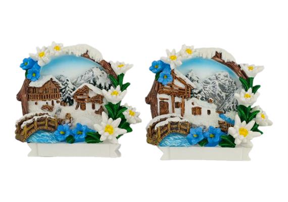 Magnet Winterlandschaft, mit Edelweiss, 6x6cm, 2 assortiert
