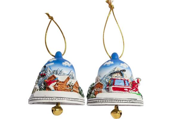 Magnet Winterlandschaft mit Glocke und Skifahrer, 2 assortiert