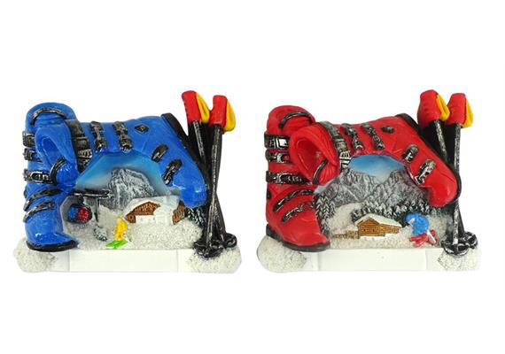 Magnet Winterlandschaft mit Skischuhe blau/rot, 2 assortiert