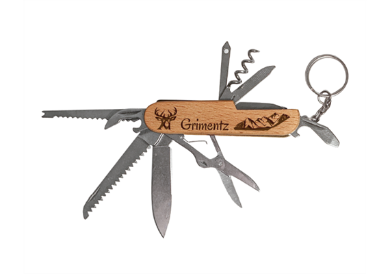 Mehrzweckmesser mit Holzgriff 15 cm, mit Grimentz, Hirsch und Berg