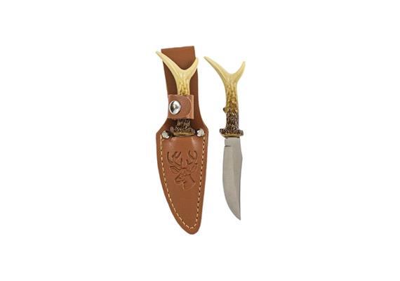 Messer mit Hülle, Hirsch geprägt, Horn Imitation Griff 14 cm
