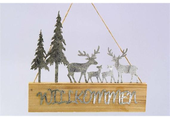 Metall/Holz-Winterschild ''Wilkommen'' natur-silber-glitter H24,5 B29cm