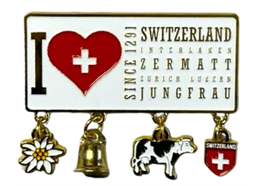 Metall Magnet I love Switzerland, Since 1291 mit Charms, gold