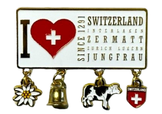 Metall Magnet I love Switzerland, Since 1291 mit Charms, gold