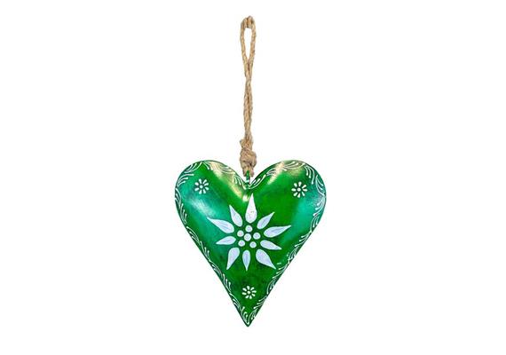 Metallherz grün mit Edelweiss zum aufhängen, 15 x 15 x 3cm