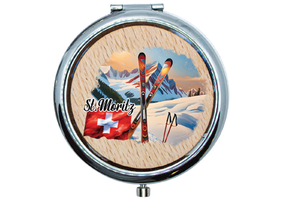 Pillendose aus Holz mit Winter Ski Design, St. Moritz