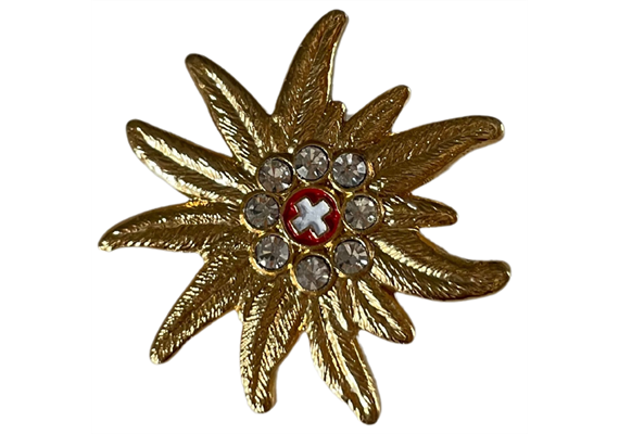 Pin Edelweiss gold mit Strasssteine und Schweizerkreuz, 30mm