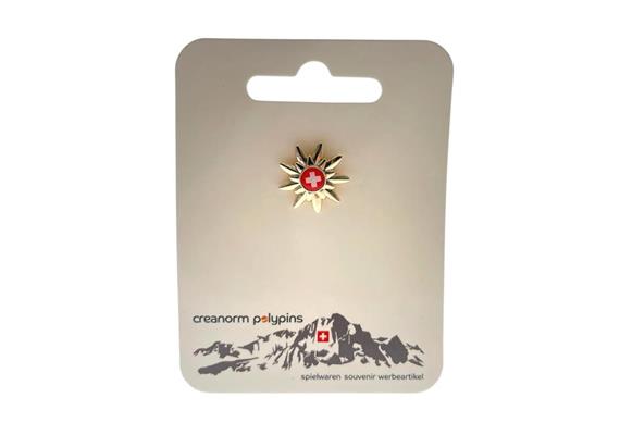 Pin Goldblume ® Schweiz-Tourismus, auf Kärtchen