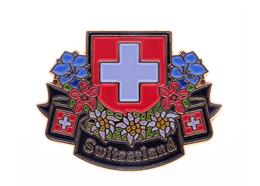 Pin Switzerland mit Blumen, 25 mm