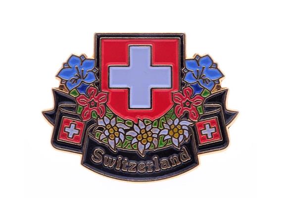 Pin Switzerland mit Blumen, 25 mm