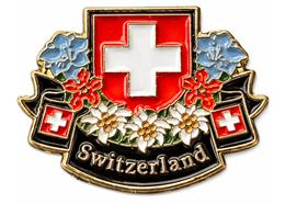 Pin Switzerland mit Blumen, 25 mm