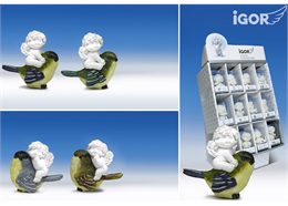 Poly-Engel ''Igor'' auf Vogel im Display weiss-coloriert sort. H/B6cm