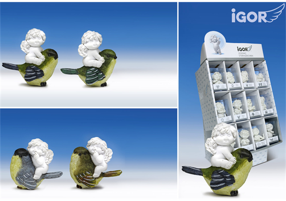 Poly-Engel ''Igor'' auf Vogel im Display weiss-coloriert sort. H/B6cm