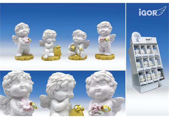 Poly-Engel "Igor" mit Bienen Display weiss-coloriert sort. H6.5-8cm