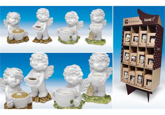 Poly-Engel ''Igor'' mit Kaffee/Tee im Display weiss-coloriert sort. H7cm