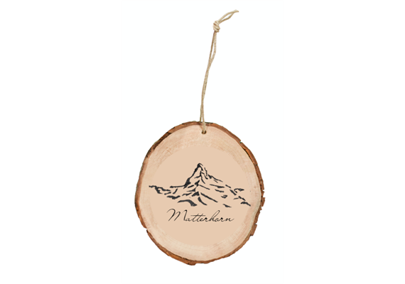 Rindenholz Schneidbrett rund, Matterhorn und Berge, mit Schnur, ca. 20 cm