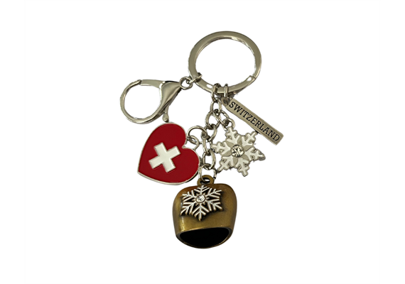 Schlüsselanhänger Glocke gold mit Schneeflocke und Herz, Switzerland