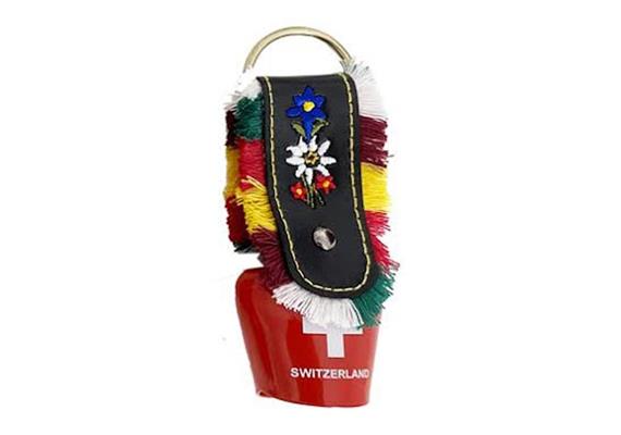 Schlüsselanhänger Glocke rot 5cm, Band bestickt Edelweiss & Enzian