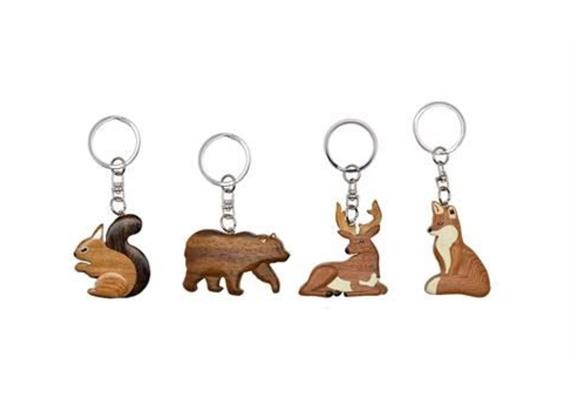 Schlüsselanhänger Tiere (Eichhörnchen, Hirsch, Fuchs, Bär) aus Holz, 4 assortiert