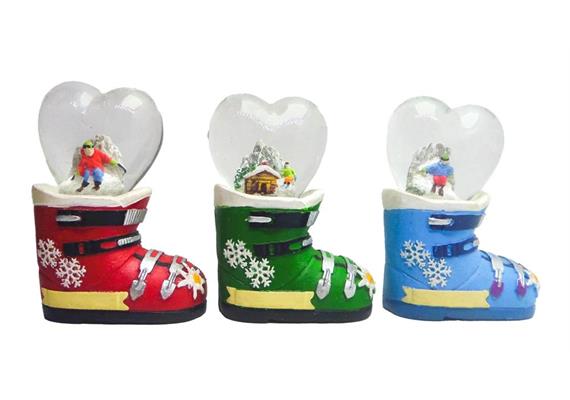 Schneekugel Herz mit Skischuh rot, grün und blau, 4.5cm, 3 assortiert