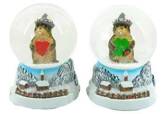Schneekugel Murmeltier mit Herz und Kleeblatt, 4.5cm, 2 assortiert