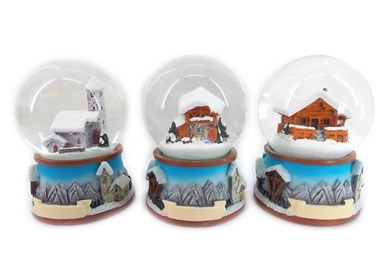 Schneekugel Winterchalet und Berglandschaft, 6,5 cm, 3 assortiert