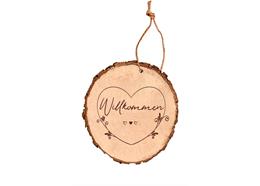 Schneidebrett rund aus Rindenholz an Schnur, mit Wilkommen, ca. 20 cm