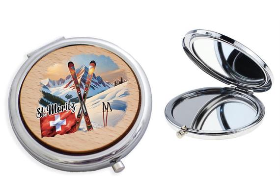 Spiegel mit Holzdeckel, Winter Ski Design, St.Moritz