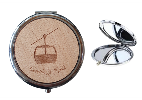 Taschenspiegel mit Holzdeckel, Gravur St.Moritz, Gondel